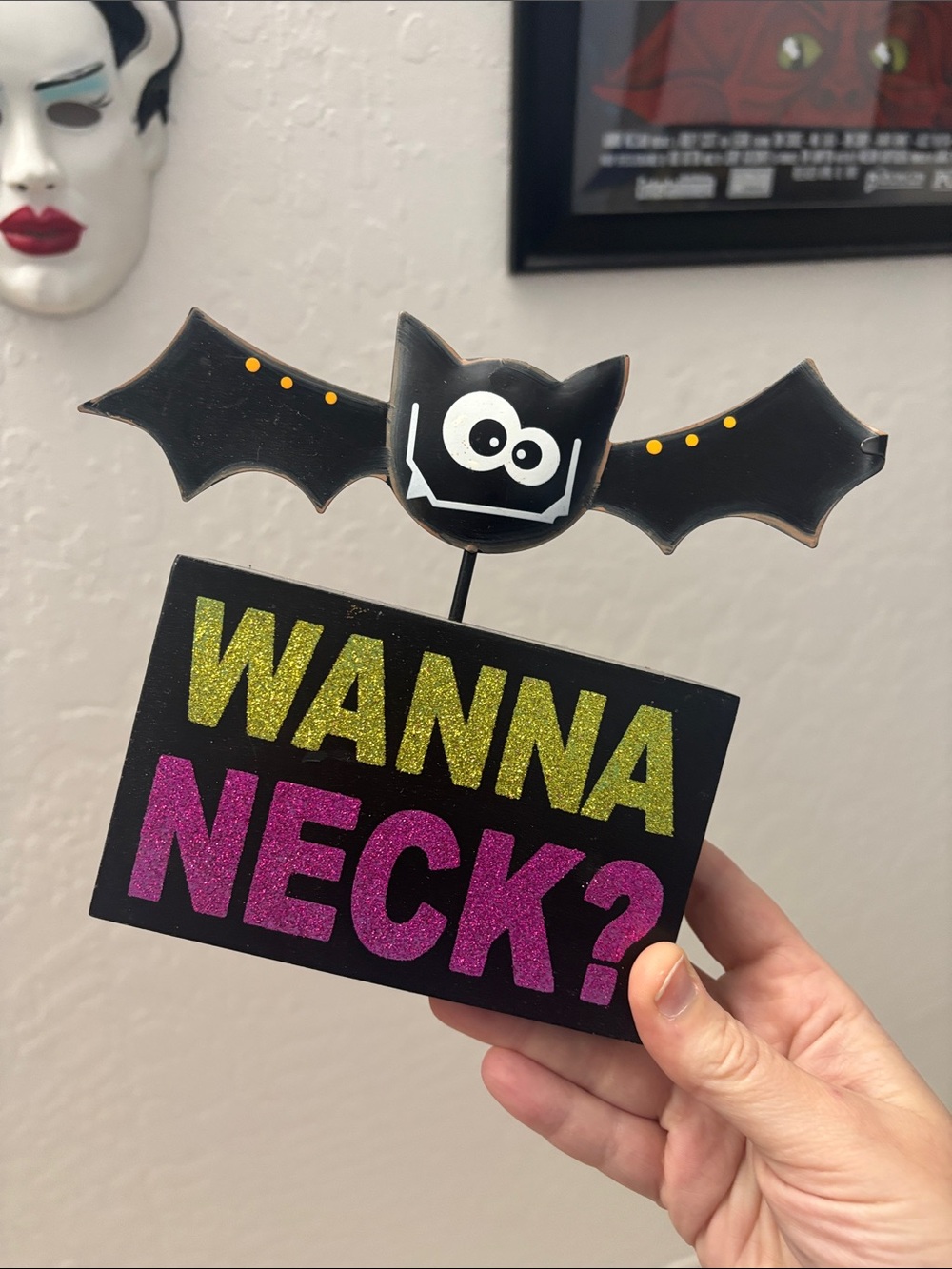 Halloween Bat Sign - Black 'Wanna Neck?' Decorative Accent